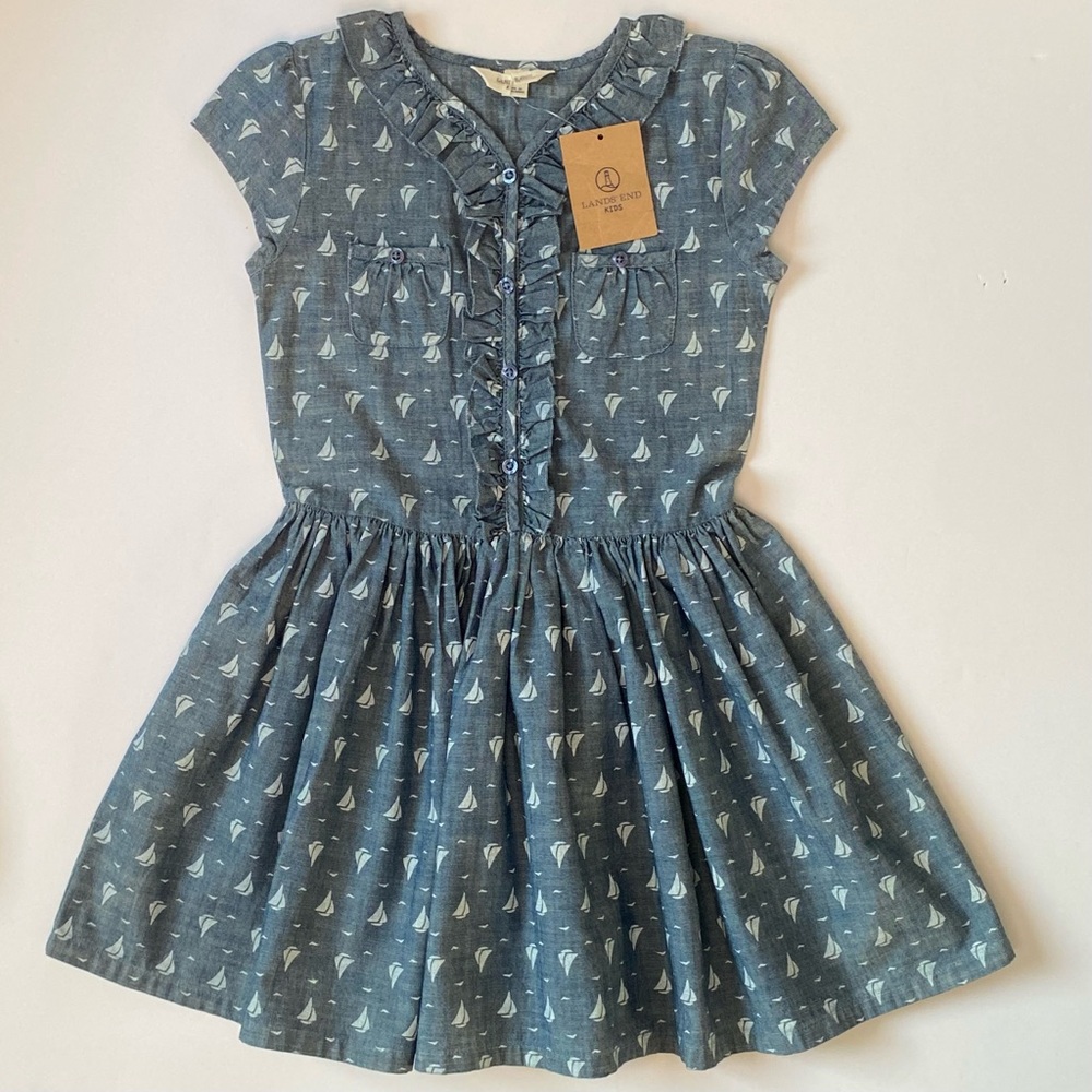 LANDS END Dress Size 5 Sailboats Preppy Nautical Girls Blue Denim Look Ruffles